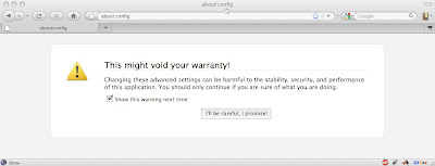 The Firefox about:config screen